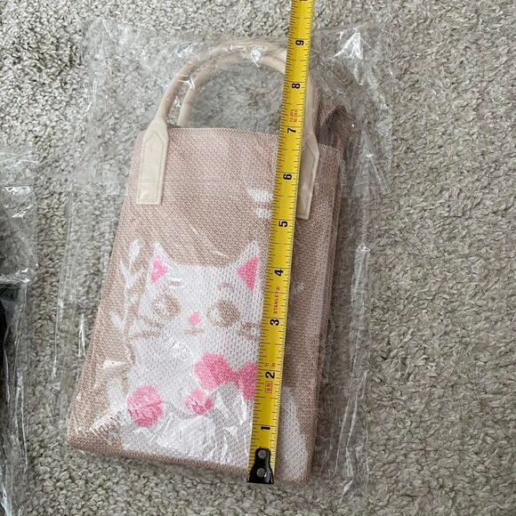 Knitted Mini Open Cross Body Bag/Phone Bag. Cat Design. Tan Multi. - Picture 7 of 8